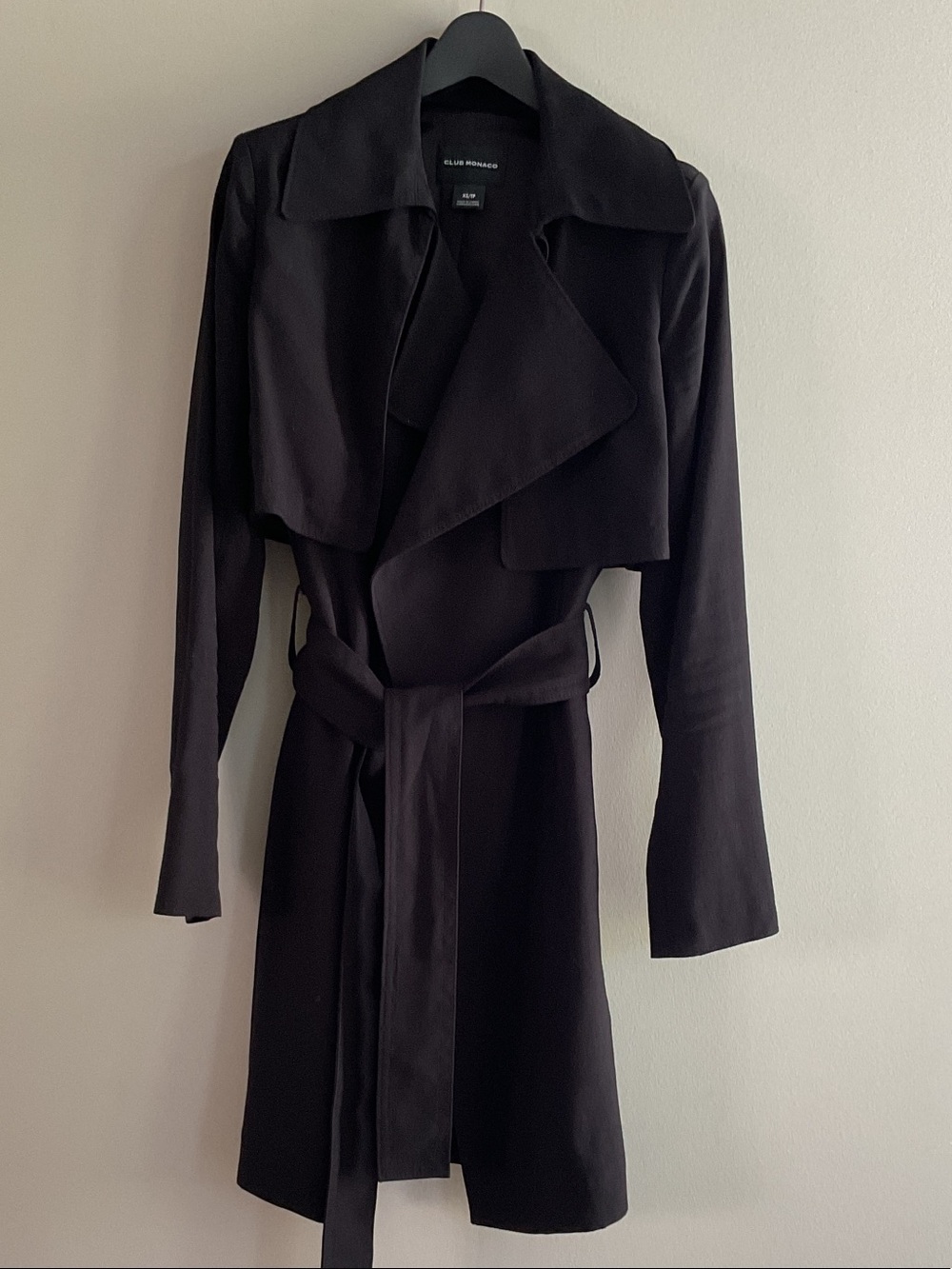 Club Monaco Black Draped Belted Trench Coat XS Lightweight Open Front